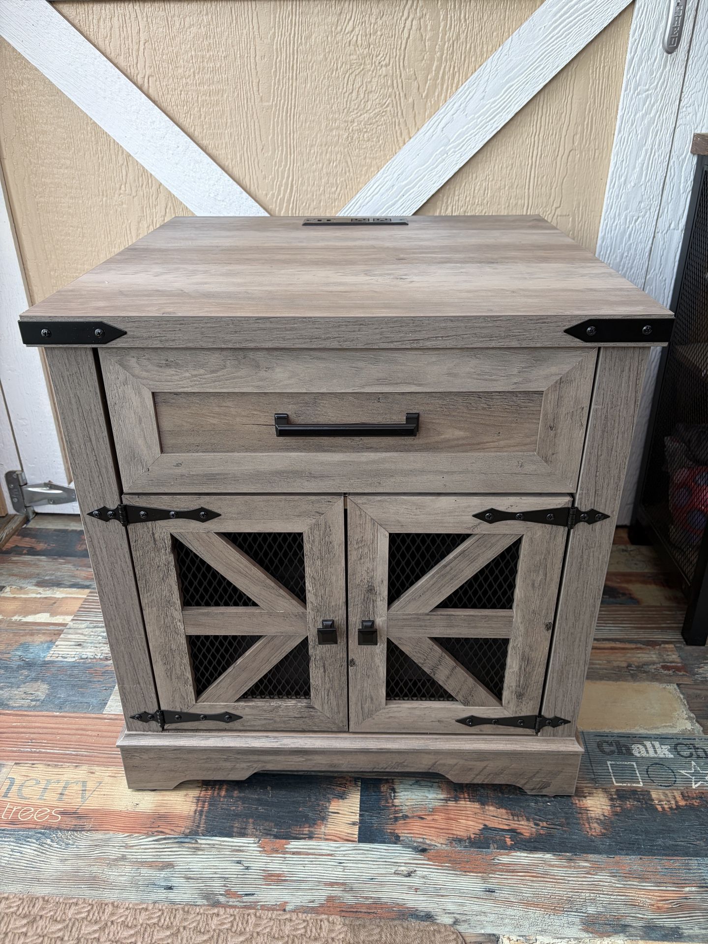Farmhouse End Table with Charging Station, 24" Large Sofa Side Table with Drawer, Large End Table for Living Room, Wooden Nightstand with Outlet, Squa