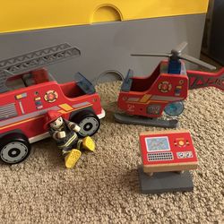 Hape city fire station/ kid pretend toy firefighters fire station, fire truck/ fire helicopter