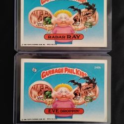 2 Old 1986 Garbage Pail Kids Sticker Cards - Radar Ray #240a / Eve Dropping #240b