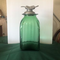 Hand Blown Mexican Canister Green 13 1/2” Tall With Pewter Chili Lid