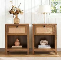 Rattan Nightstands Set of 2, Night Stand with Drawers, Boho Nightstand with Open Storage Shelf, Living Room Side Table and End Table for Bedroom, Livi