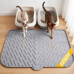 XL Silicone Cat Litter Mat, 40 x 28 Inch, Large Litter Box Mat, Gray Waterproof Cat Mats Design for Large & Automatic Litter Boxes, Anti-slip Litter T