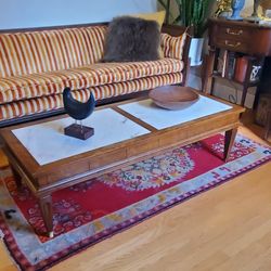 Vintage Mid Century Marble Coffee Table Burled Wood 