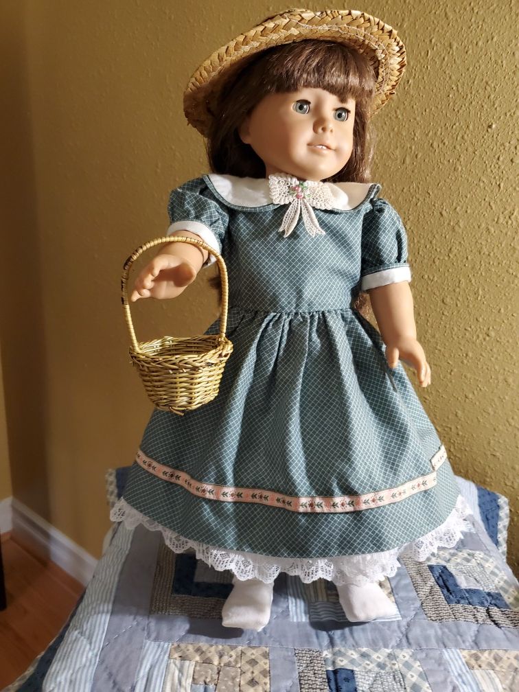 Quality hand-sewn calico dress and eye-let bloomers, and straw hat and basket. Made for 18 inch or AmericanGirlDoll. (doll not included).