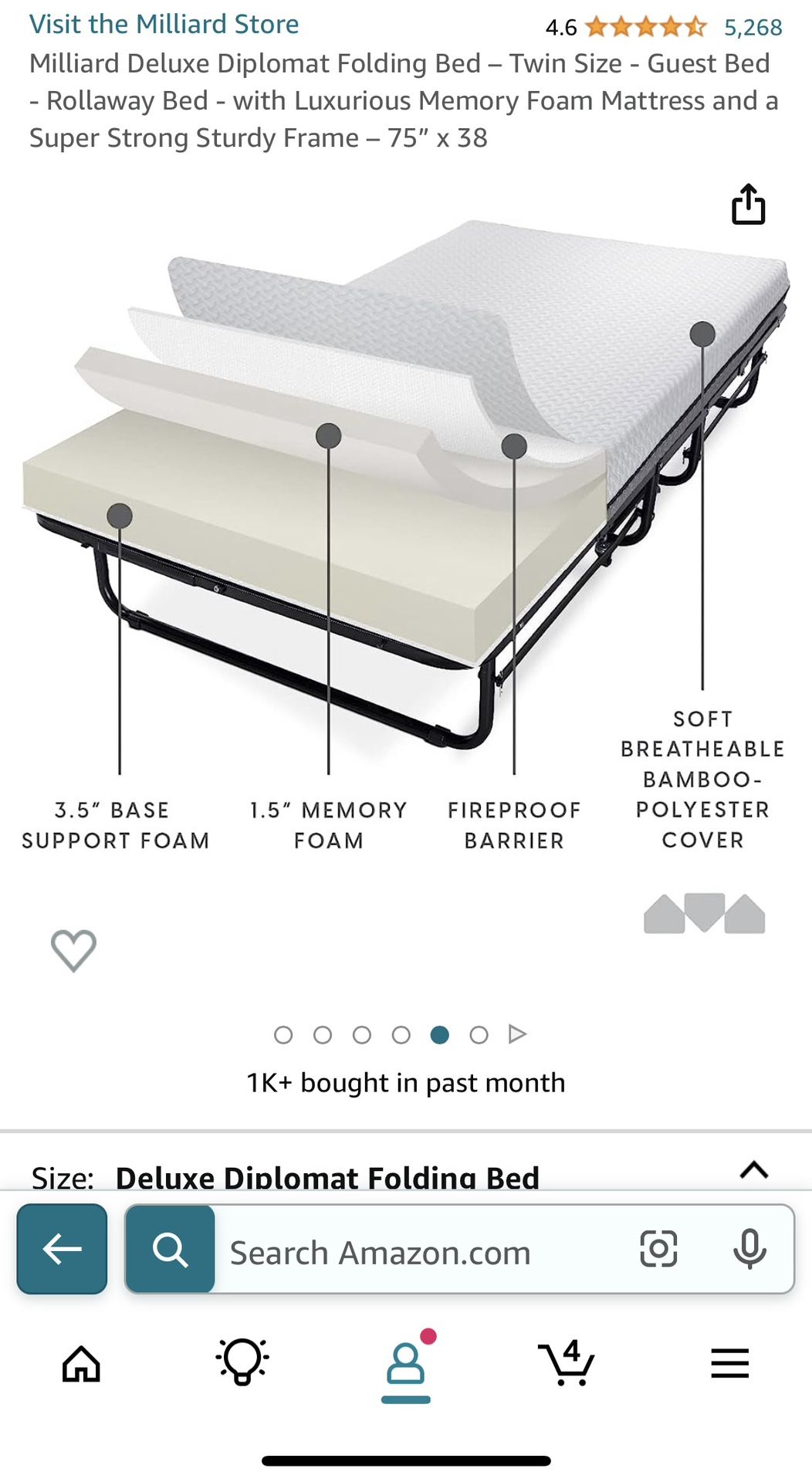 Milliard Deluxe Diplomat Folding Bed – Twin Size - Guest Bed - Rollaway Bed - with Luxurious Memory Foam Mattress and a Super Strong Sturdy Frame – 75