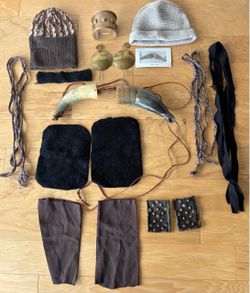 Costume accessories-Gladiator/Viking or! Authentic horns, wrist cuffs, arm bands, leggings and ties, head caps, metal fasteners,more.
