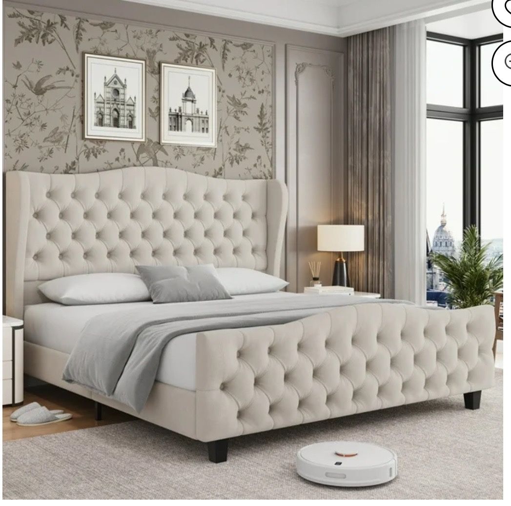 King Size Bed Frame with Tall Tufted Headboard, 54.3” Tall Modern Velvet Upholstered Platform Bed Frame with Deep Button Wingback Headboard