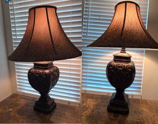 Matching Pair of Traditional Bronze-Style Table Lamps