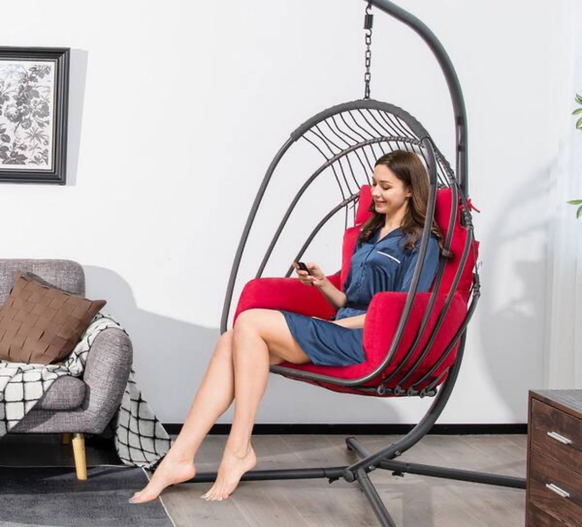 Free Standing Hanging Folding Egg Chair Hammock with Stand Soft Cushion Pillow Swing Red