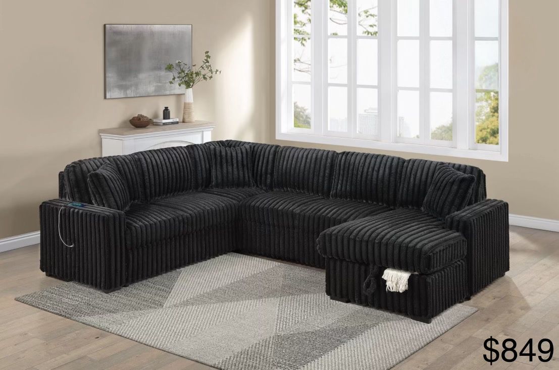 Corduroy sectional sleeper with storage