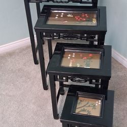  4 Chinese black lacquer nesting End Bar tables Mid-century Modern 1970s with inlaid mother of pearl jade scenes