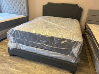 π₯ Gray Tufted Upholstered King, Queen, Full & Twin Bed Frame with Wingback Headboard & Nailhead Trim - Opt Mattress & Box Spring | Pickup & Delivery