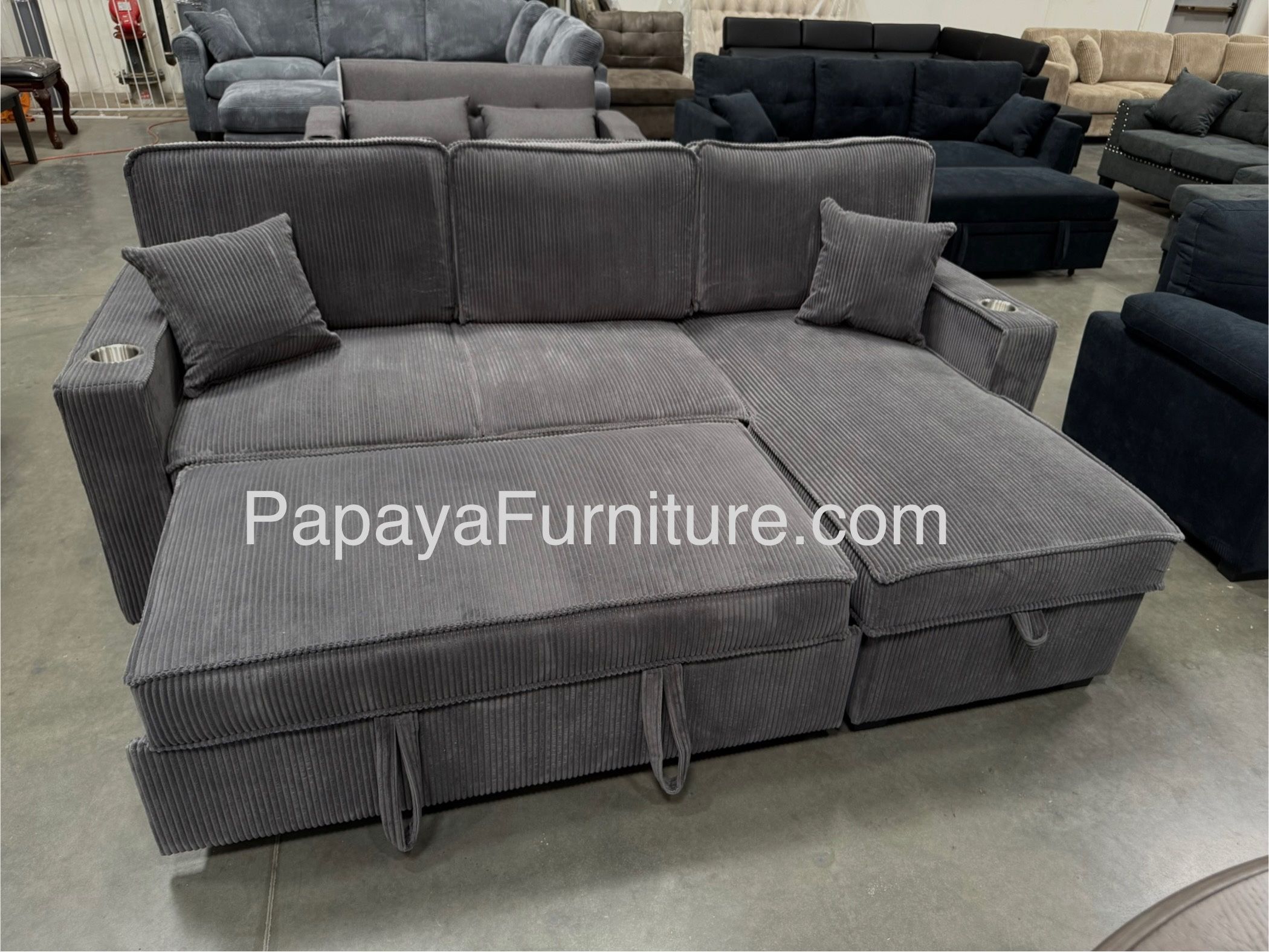 New! 89”L Reversible Grey corduroy Sectional Sofa Bed, Sectional Sofa Bed, Grey Sofa, Sleeper Sofa, Grey Couch, Reversible Sectional, Sectional Sofa W