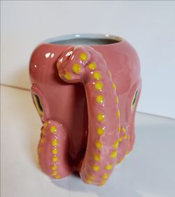 Novelty 3D Pink and Yellow Octopus Coffee Mug w Tentacle Handle Ceramic