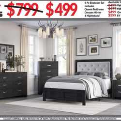 4pc Bedroom Set $499 Queen $599 Eastern King Includes bedframe Dresser mirror nightstand Black Bedroom Set