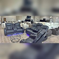 3  Pieces black breathing leather power rcliner sofa set