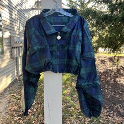 EZwear Drop Shoulder Tartan Print Crop Shirt