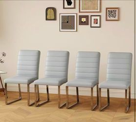 New assembled Modern Dining Chairs Set of 4, Grey Faux Leather Kitchen Chairs, Upholstered Armless Dining Room Chair with Silver Mental Legs Heavy Dut