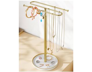 NiHome Adjustable Height Necklace Holder Stand with Premium Ceramic Base & Elegant Metal Jewelry Organizer, Display for Necklaces, Bracelets, Earrings