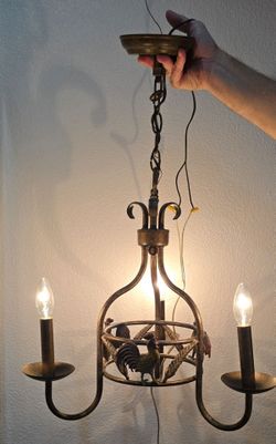 Vintage French Country Rooster & Wheat Metal Chandelier - 3 Light