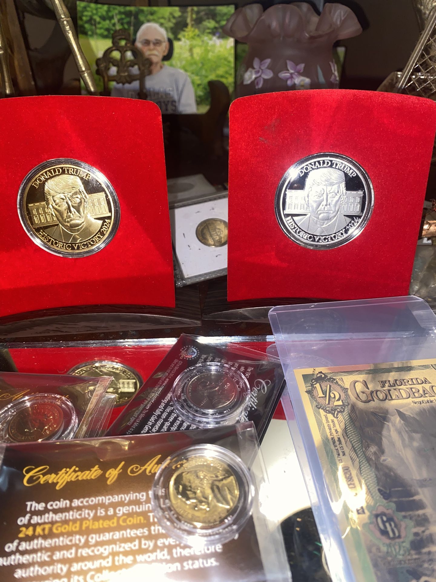 Two gold gilded Donald Trump Coin with COA one platinum clad penny 124 karat pla