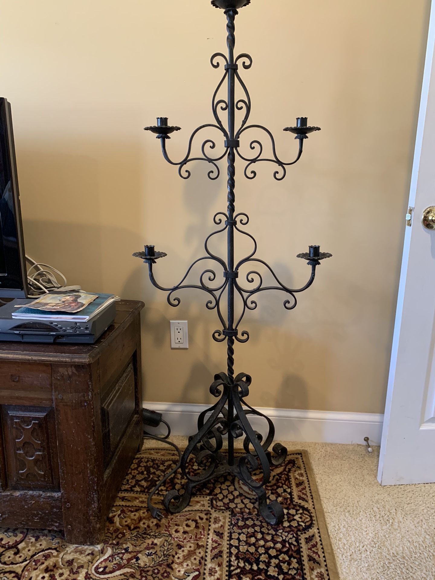 Antique Spanish Candelabra, Wrought Iron, Restoration Hardware style. Mint condition, beautiful. Four feet tall.