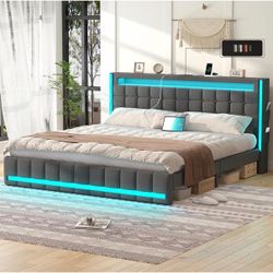Queen Bed Frame with Headboard, Upholstered LED Bed Frame, No Box Spring Upholstered bed frame queen size with Type-C & USB charging station, LED ligh