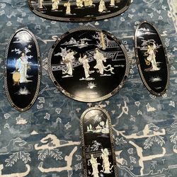 5 Vintage   Black Lacquer Asian Wall  Art Panels