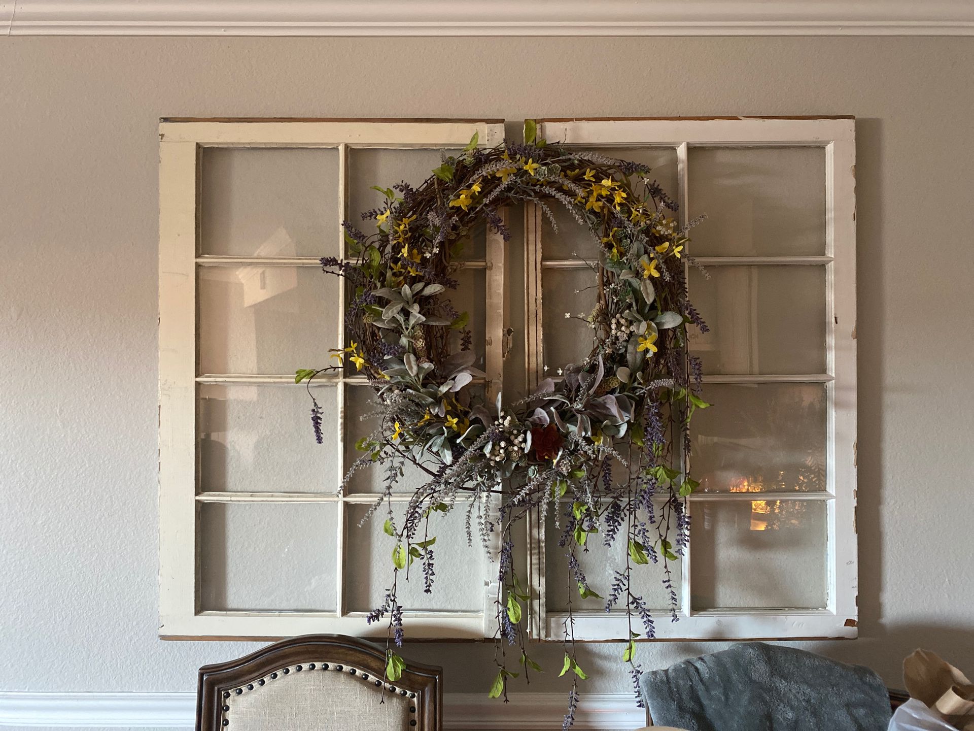 Handmade wreath and two rustic windows