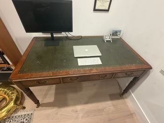 Leather Top Partners Desk, Solid Wood, Brass Casters