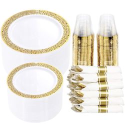 WELLIFE 350 Pieces Gold Plastic Dinnerware - Disposable Gold Lace Plates, Include:50 Dinner Plates,50 Dessert Plates, 50 Pre Rolled Napkins with Gold 