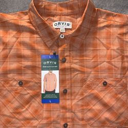 Orvis Shirt Size Large Orange Tartan Plaid Short Sleeve Button New With Tags 🐟