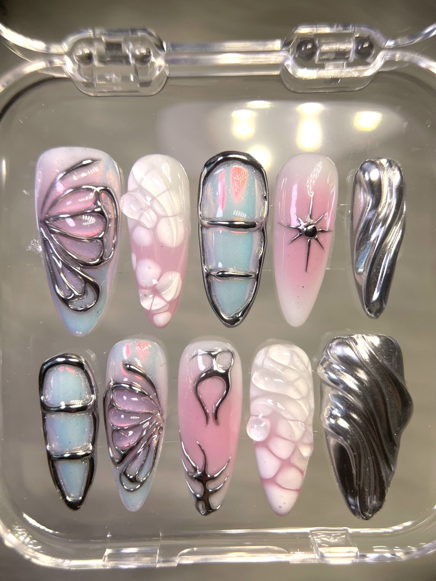 Goth Fairycore Press-On Nails – Spider, Web & Metallic Wing Design