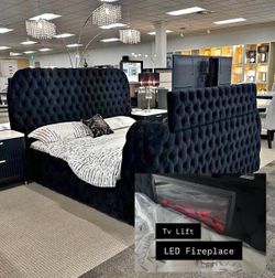 TV Lift Bed Frame w/ Fireplace – Queen or King