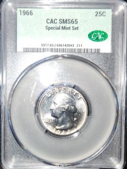 1966 Washington Quarter SMS65 CAC Graded