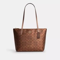 NWT Coach Fiona Zip Tote Bag In Signature Canvas Gold/ Brown Copper