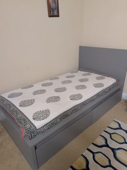 Gray Twin Bed Frame with Storage Drawers and mattress