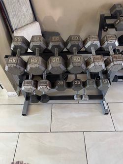 Dumbbells weights 10-65lbs plus body solid rack 620lbs total
