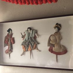 Antique Japanese Oshie  Dolls Rod Puppets In Custom Framed Shadow Box, Japanese Antique Art 