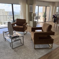 2 ACCENT CHAIRS - STRUCTURE MÉTAL GOLD/VELVET - COGNAC