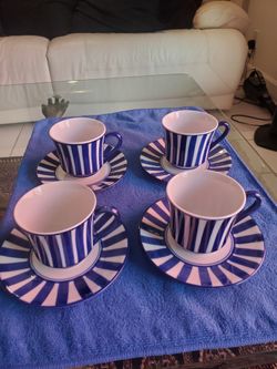 Pacific Rim Import Corp. Blue & White Striped Cups and Saucers