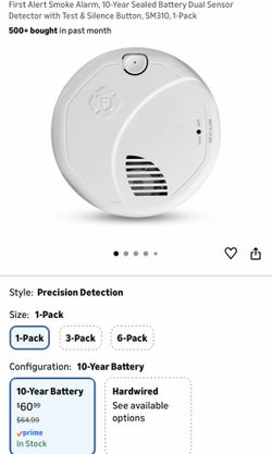 First Alert Smoke Alarm, 10-Year Sealed Battery Dual Sensor Detector with Test & Silence Button, SM310, 1-Pack