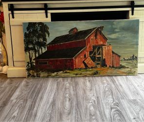 48x23” Vintage Red Barn Oil Painting on Canvas