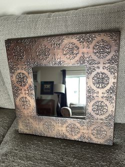 Mirror, Stamped Metal, Burnished Copper, ready to hang, perfect condition, unique, 16” x 16”