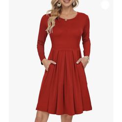 Auselily pleated loose swing red dress with pockets Size Large stretchable
