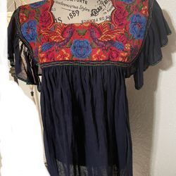 Mexican blouse, Mexican tunic, Cross stitch blouse, Cotton Blouse, Navy Blue