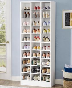 Assembled New 10-Tier Shoe Storage Cabinet White Shoe Rack W/ 30 Cubbies Tall Shoe Organizer