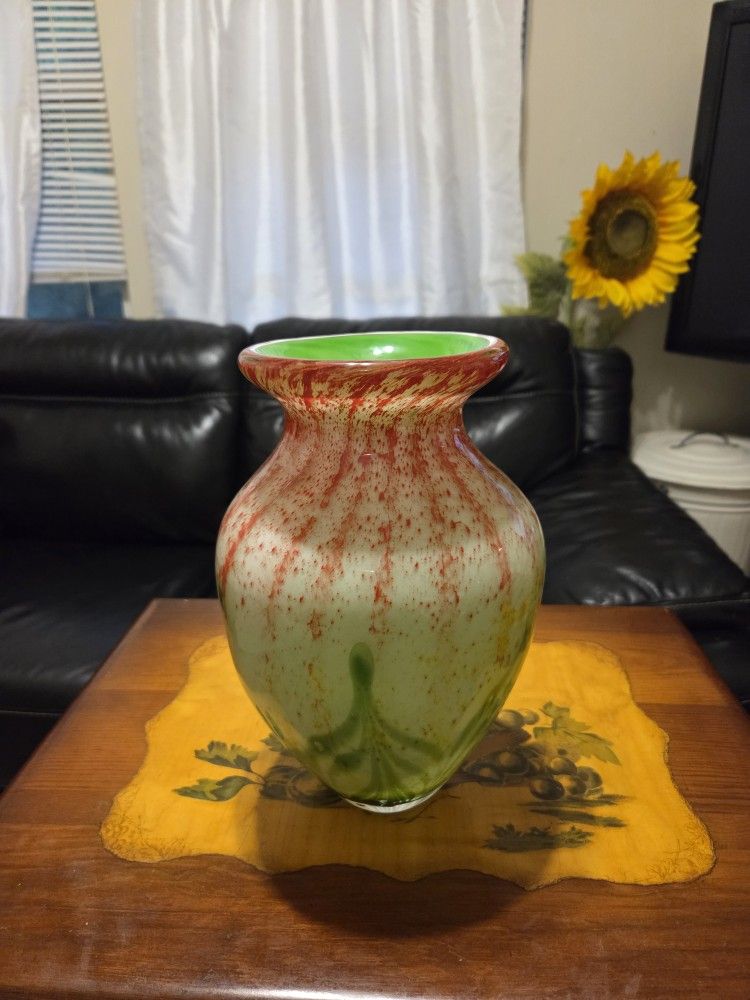  Hand Blown Aura Green/Red Glass Vase