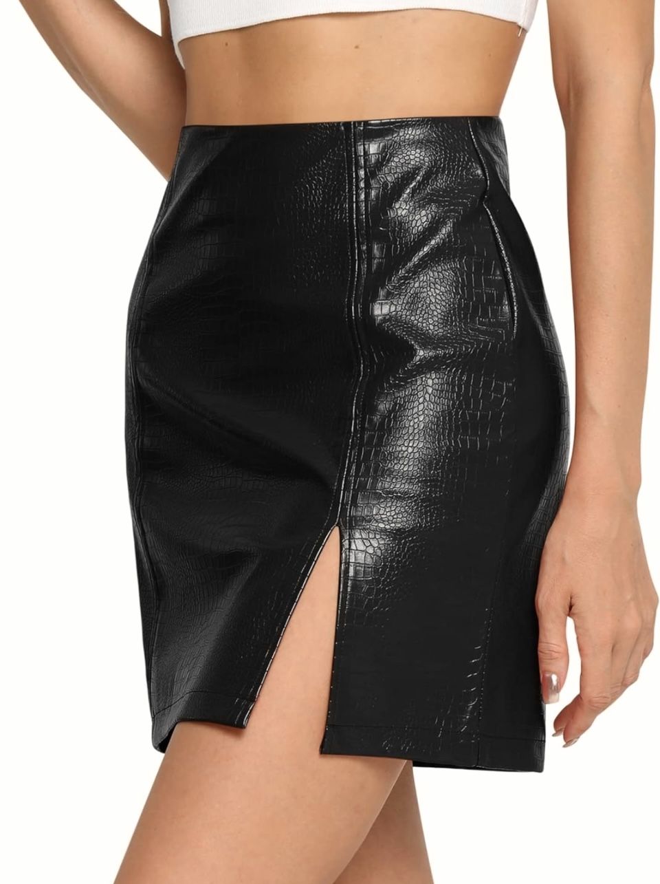 MANGOPOP Womens High Waist Bodycon Mini Short Faux Leather Skirt with Slit