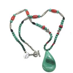 Sterling Malachite And Coral Necklace